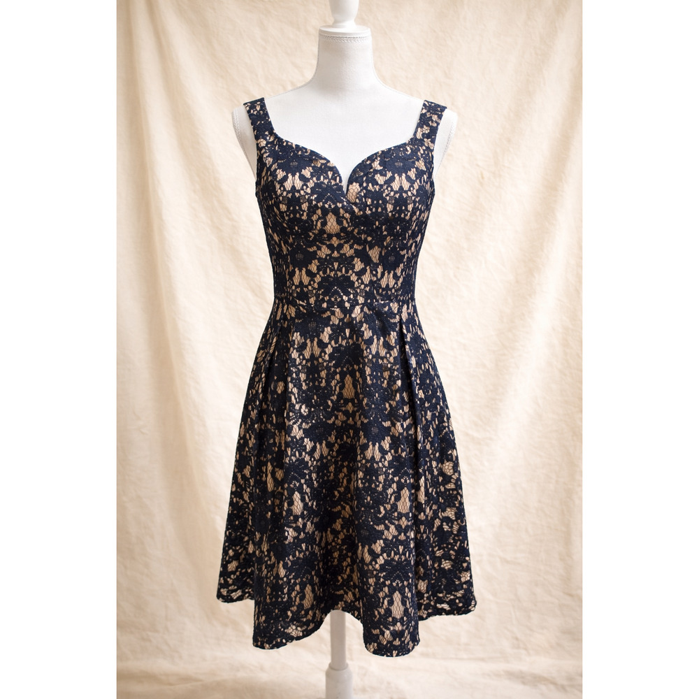 Francesca’s S Dress Lace Fit Flare Black Nude Romantic Cocktail Timeless Wedding